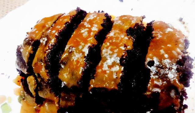 Eggless microwave easy chocolate cake with Rum caramel sauce