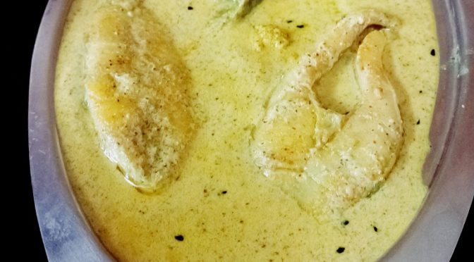 Shorshe posto Bhetki-A flaky boneless fish cooked in mustard and poppy seeds sauce