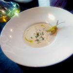 Poached pear and walnut soup