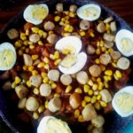Pan fried sweet potato with eggs and chicken sausage by Moumita